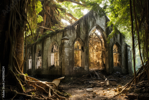 A church that is abandoned with trees surrounding it