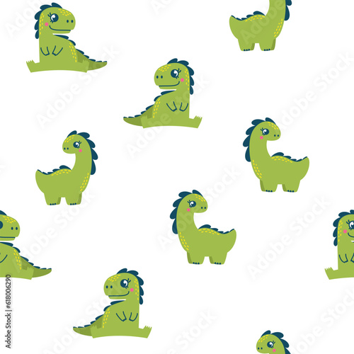 Fototapeta Naklejka Na Ścianę i Meble -  Bright vector seamless pattern. Cute dinosaurs. Pattern for baby clothes, textiles, diapers and fabrics. Vector illustration