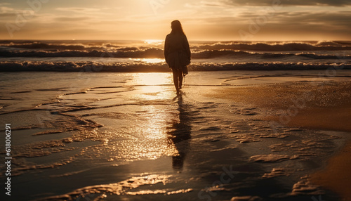 One woman walking on sand, backlit by sunset sunlight generated by AI © Jemastock