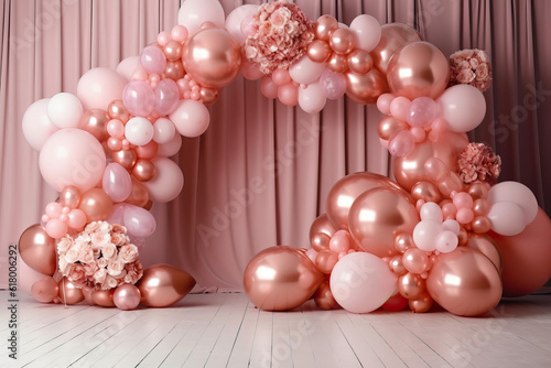 Party balloons in arch decorated for party against pastel pink curtain