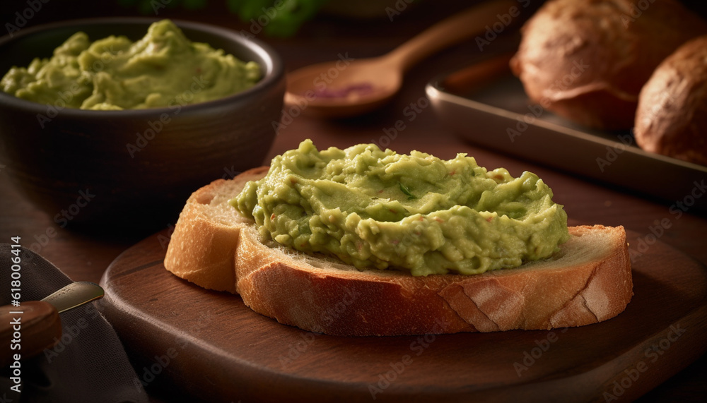 Fresh guacamole dip on rustic wooden table with organic vegetables generated by AI Fresh guacamole dip on rustic wooden table with organic vegetables generated by AI