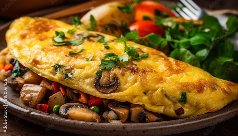 Fresh gourmet meal with cooked meat, edible mushroom, and salad generated by AI Fresh gourmet meal with cooked meat, edible mushroom, and salad generated by AI