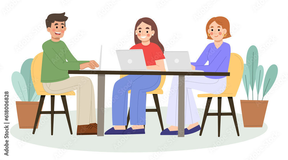 Illustration Team worker working with laptop Illustration Team worker working with laptop