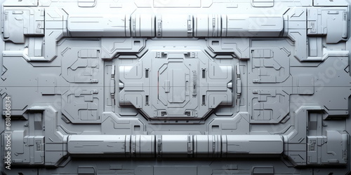 Fototapeta Naklejka Na Ścianę i Meble -  Scifi cyber space age material multifunctional background wall .Sci-fi facility. space station. shielded mechanism. scifi space ship. sci-fi hand edited AI. 
