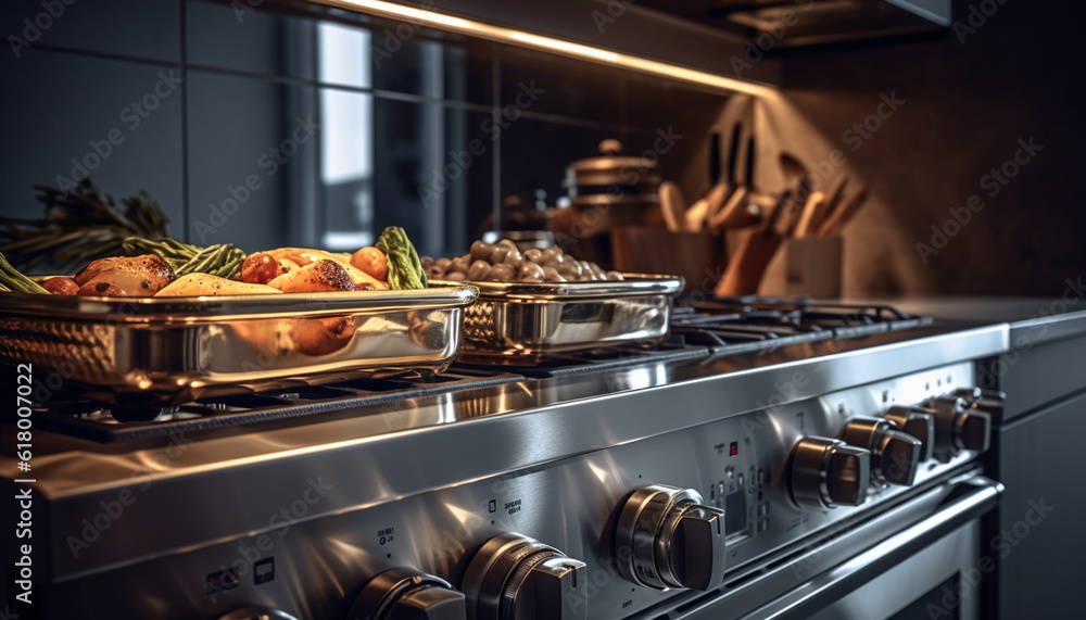 Modern kitchen equipment prepares healthy gourmet meal with metallic utensils generated by AI