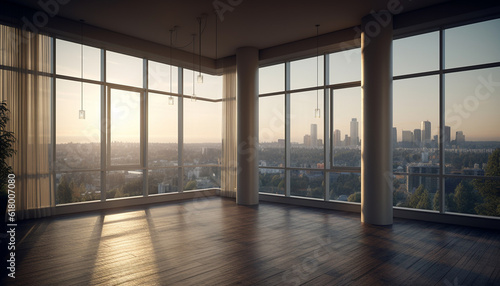 Modern loft apartment with panoramic cityscape view through glass window generated by AI