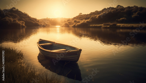 Tranquil sunset on rural pond, rowboat reflects autumn forest beauty generated by AI © Jemastock