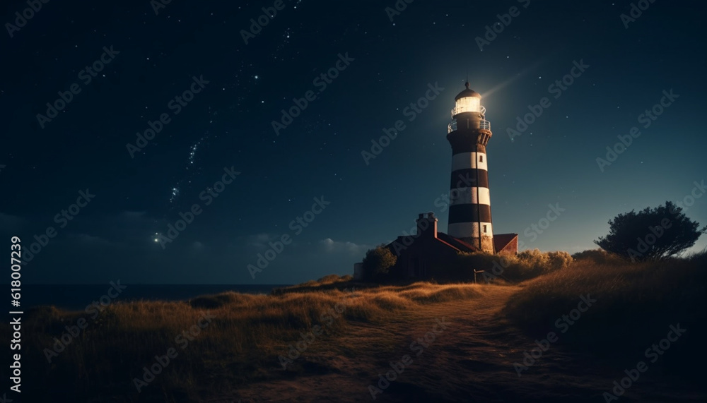 Illuminated beacon guides ships on dark coastline under starry sky generated by AI