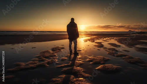 Silhouette of one person standing at waters edge, admiring sunset generated by AI