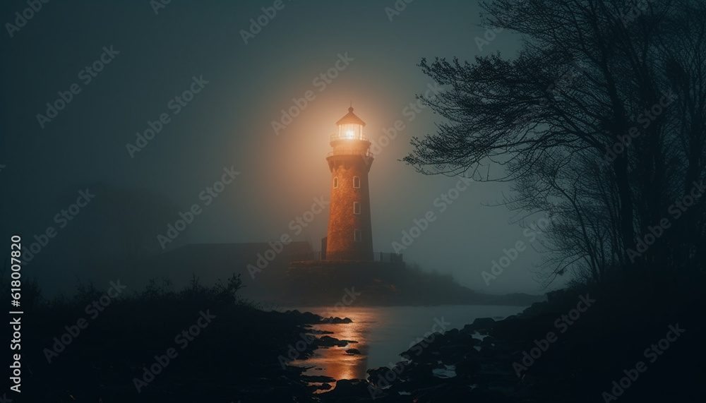Silhouette of old beacon illuminates tranquil seascape at dusk generated by AI
