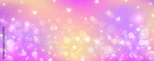 Pink background with bokeh. Light pastel sky with glitter stars and hearts. Cute soft gradient blurred wallpaper. Lovly fantasy magic design. Vector.