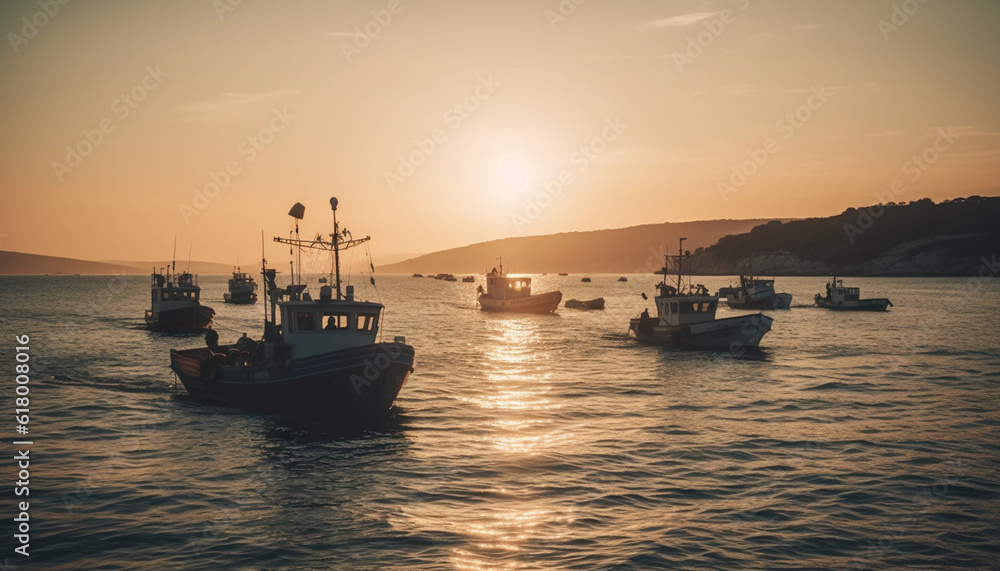 Sunset over nautical vessel on tranquil water with fishing boat generated by AI