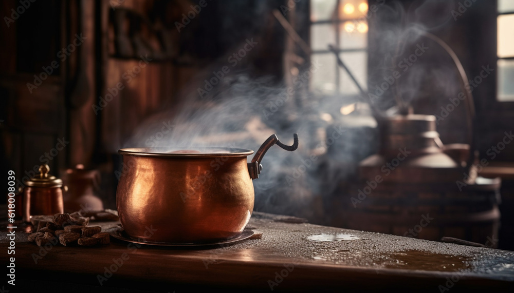 Rustic kitchen utensils on old wooden table, steaming hot meal generated by AI Rustic kitchen utensils on old wooden table, steaming hot meal generated by AI
