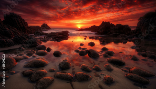 Tranquil sunset over rocky coastline, nature beauty reflected in water generated by AI