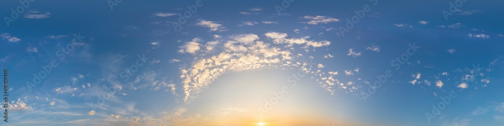 Fototapeta premium Bright sunset sky panorama with Cirrus clouds. Seamless hdr spherical 360 panorama. Sky dome or zenith for 3D visualization, game and sky replacement for aerial drone 360 panoramas.