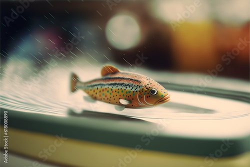 the story of a portrait of a watercolor painting of a Trout panning shot in motion inside a hotwheels packagewarp speed cinematic photographed on portra 400 35mm film large format 