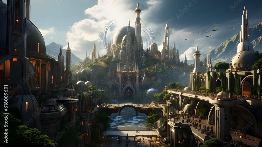 The high-tech domed city of Asgard inhabited by the Slavic race at dawn