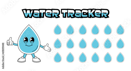 Daily water tracker balance vector calendar. Habit tracker concept and for effective planning. Drinking enough water, hydration challenge. Cute character in retro groovy style. Vector illustration