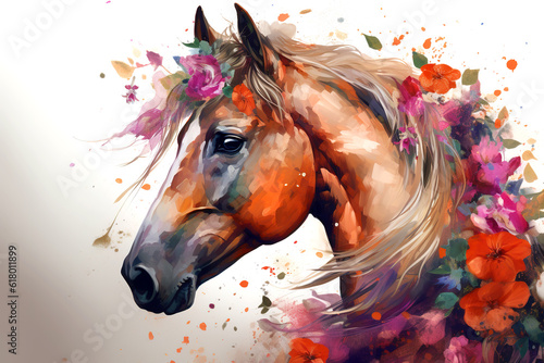 Image of a horse head surrounded by colorful tropical flowers. Wildlife Animals. Illustration, Generative AI.