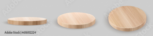 Realistic set of round wooden boards isolated on transparent background. Vector illustration of natural oak, pine, poplar circle wood platform top and side view. Podium for product show. Design sample