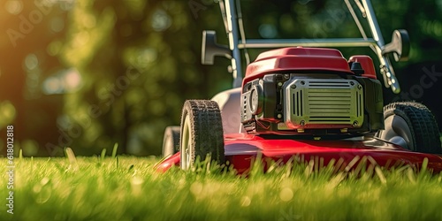 Close-up of Push Lawn Mower on Fresh Grass