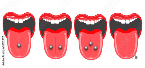 illustration of various types of tongue piercing. snake eyes, venom or triple piercing tongue
