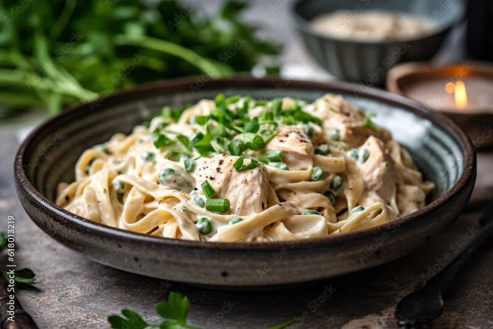 delicious chicken and pasta dish placed on sleek gray background, composition exudes warmth and comfort, with rich tones accompanying ingredients - obrazy, fototapety, plakaty 