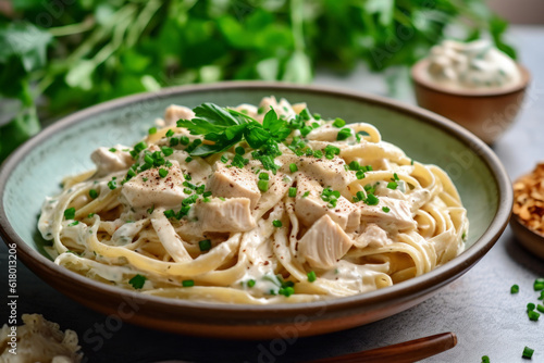 delicious chicken and pasta dish placed on sleek gray background, composition exudes warmth and comfort, with rich tones accompanying ingredients