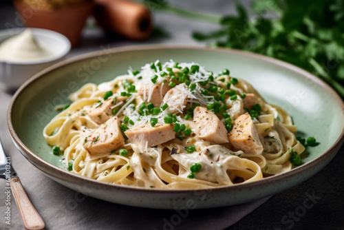 delicious chicken and pasta dish placed on sleek gray background  composition exudes warmth and comfort  with rich tones accompanying ingredients