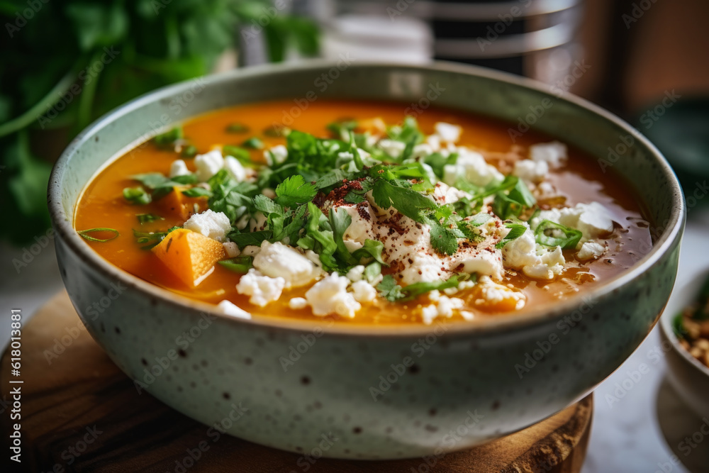 steaming bowl of soup filled to brim with comforting blend of pumpkin, feta cheese, and fresh parsley slices steaming bowl of soup filled to brim with comforting blend of pumpkin, feta cheese, and fresh parsley slices