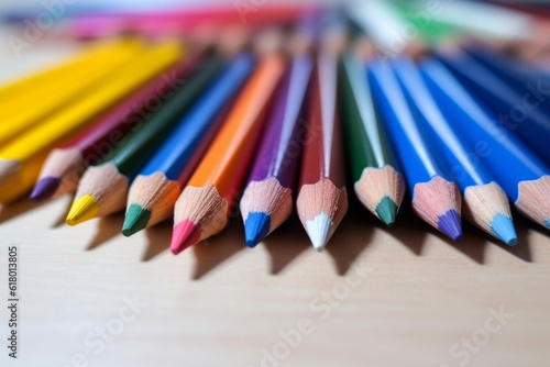 delightful bunch of colorful pencils lying on table. vibrant and playful energy  as pencils come in variety of vivid hues  adding burst of color to scene