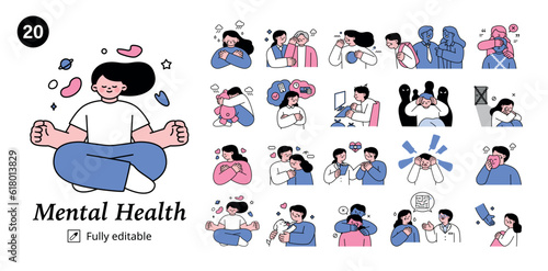 Emotional expression of mental illness. outline simple vector illustrations set.