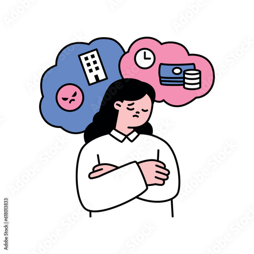 A woman is stressed out because of many worries. outline simple vector illustration.