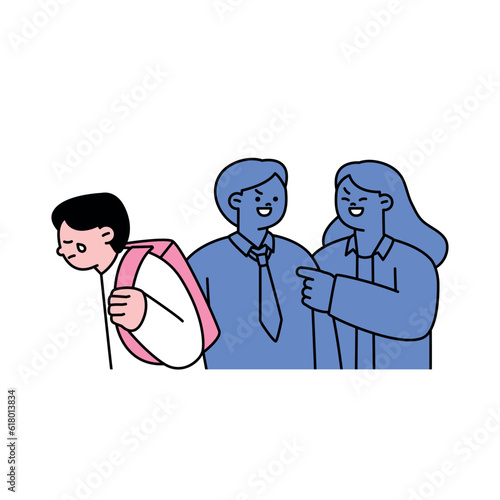 A student is being bullied and is sad. Other students are making fun of him. outline simple vector illustration. photo