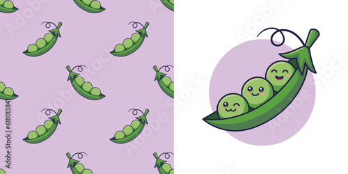 Hand drawn green pea in doodle style for designing baby clothes. Postcard with green pea and seamless pattern. Cartoon Bohemian nursery print. Kids design texture for pajamas. Vector illustration.