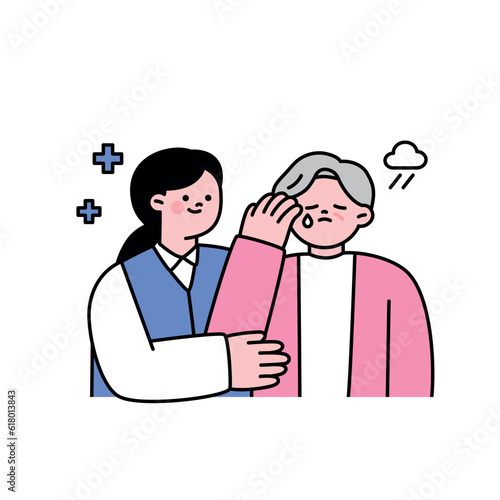 A helping hand for the depressed elderly. outline simple vector illustration.