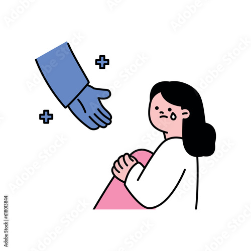 A helping hand came to the crying woman. outline simple vector illustration.