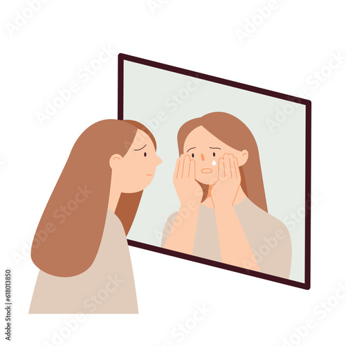 A woman is facing her inner self through a mirror. simple vector illustration.