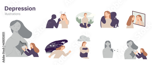 Female character with depressed and negative emotions. simple vector illustration.