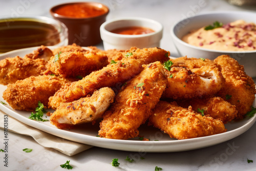 plate filled with succulent chicken strips, tantalizingly arranged alongside assortment of other tempting snacks