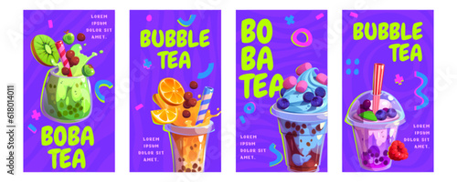 Cartoon set of promo banners for bubble tea menu. Vector illustration of colorful cafe posters, cups of appetizing fruit, berry, chocolate, cocktails, boba drinks with straws. Trendy japanese beverage