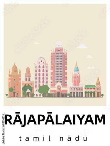 Rājapālaiyam: Flat design illustration poster with Indian buildings and the headline Rājapālaiyam in Tamil Nādu photo