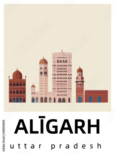 Alīgarh: Flat design illustration poster with Indian buildings and the headline Alīgarh in Uttar Pradesh photo