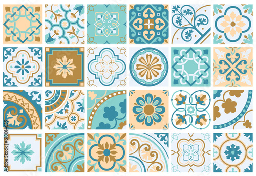 
Set of patterned floor tiles. Mediterranean seamless pattern. Traditional Portuguese tiles. Vector illustration