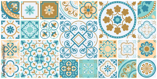 Tiling Mediterranean tile abstract geometric floral patterns. Traditional Portuguese culture, colors of the ocean. Editable vector illustration