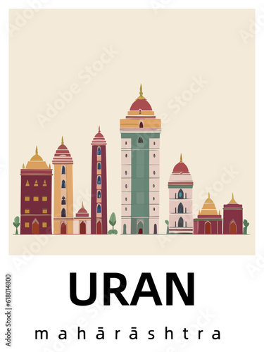 Uran: Flat design illustration poster with Indian buildings and the headline Uran in Mahārāshtra