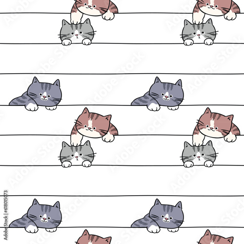 Seamless Pattern of Cartoon Cat and Line Design on White Background