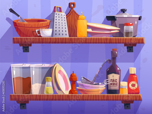 Cartoon kitchen shelf on wall with utensils and seasoning jars. Vector illustration of ketchup, mustard, pepper, salt bottles, plastic containers with coffee and sugar, grater, wooden board, cuttlery