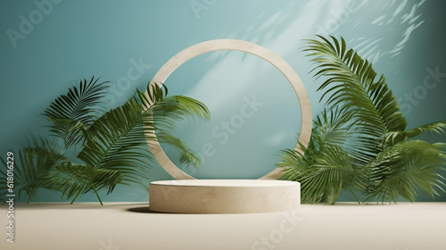 Polished Concrete Round Podium In Tropical Paradise For Product Presentation, Blue Wall with Palm Trees, Natural Lighting. 3D Render Illustration, Generative AI. 