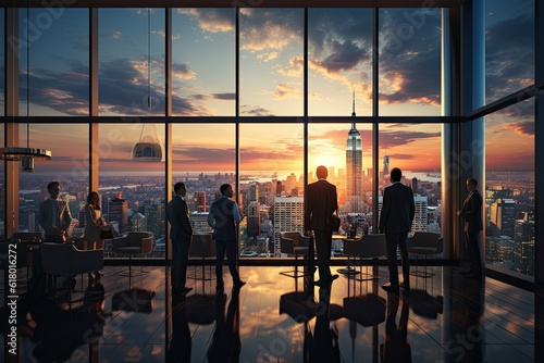 Business people silhouettes in modern office building with panoramic windows